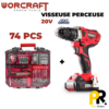 CAISSE A OUTILS 74PCS AVEC VISSEUSE PERCEUSE 20V BRUSHLESS WORCRAFT علبة أدوات مع مفك براغي