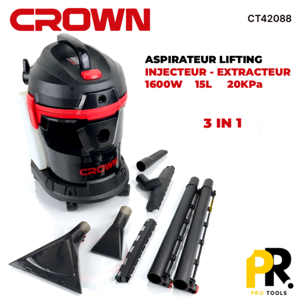ASPIRATEUR LIFTING EXTRACTEUR INJECTEUR 15L 20KPa 1600W CROWN | CT42088 مكنسة متعددة الوضائف