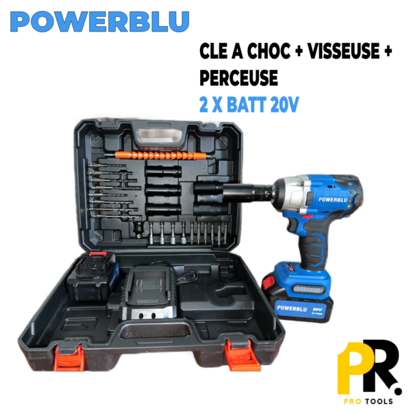 BOULONNEUSE CLE A CHOC + VISSEUSE + PERCEUSE BATTERIE 20V 300N.M POWERBLU | آلة فك البراغي ببطارية