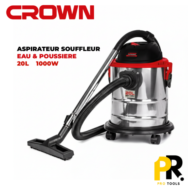 CT42046.png ASPIRATEUR WATER & DRY ET SOUFFLEUR ELECTRIQUE 20L 1000W CROWN | CT42046 مكنسة كهربائية