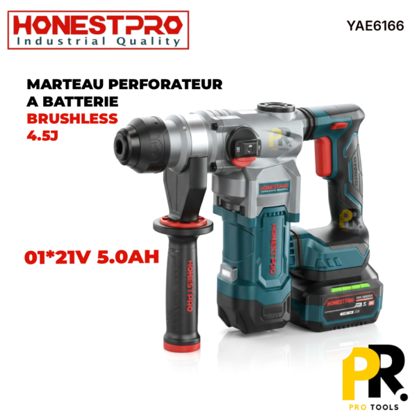 MARTEAU PERFORATEUR 21V 5.0AH 4.5J 26MM BRUSHLESS HONESTPRO | YAE6166 مطرقة ثقب وحفر لاسلكية