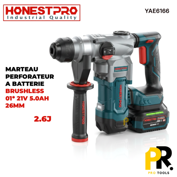 MARTEAU PERFORATEUR 21V 5.0AH 2.6J 26MM BRUSHLESS HONESTPRO | YAE6166 مطرقة ثقب وحفر لاسلكية