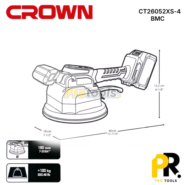 VENTOUSE VIBRANTE A BATTERIE 20V 4.0AH 190MM 100KG BRUSHLESS CROWN | CT26052XS-4 BMC الة وضع السيراميك بالاهتزاز
