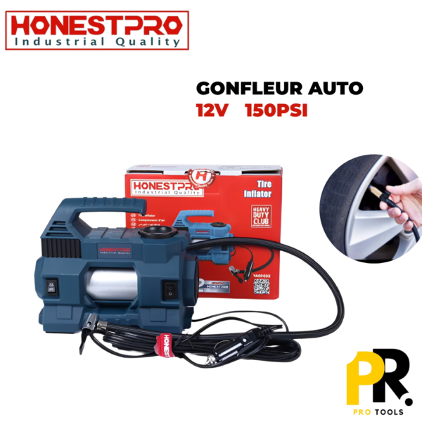 GONFLEUR AUTO 12V 150PSI ALLUME CIGARETTE HONESTPRO | YAE0033