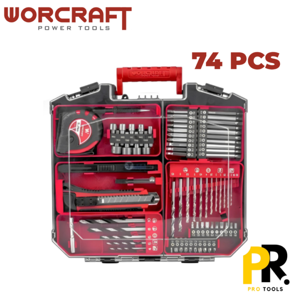 CAISSE A OUTILS 74PCS AVEC VISSEUSE PERCEUSE 20V BRUSHLESS WORCRAFT علبة أدوات مع مفك براغي