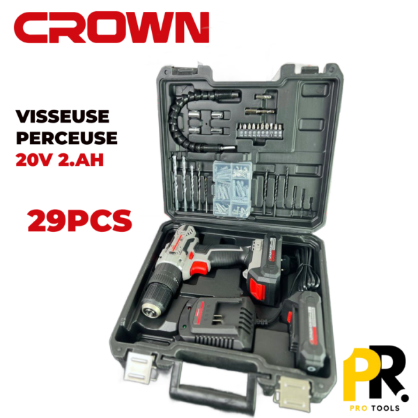 KIT VISSEUSE PERCEUSE 20V 2.0AH 29PCS CROWN | CT21102H-2-29 علبة أدوات