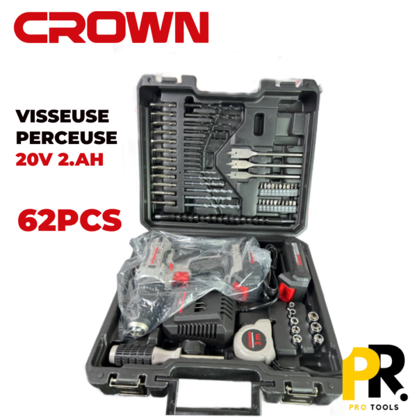 KIT VISSEUSE PERCEUSE 20V 2.0AH 62PCS CROWN | CT21102H-2-62 علبة أدوات