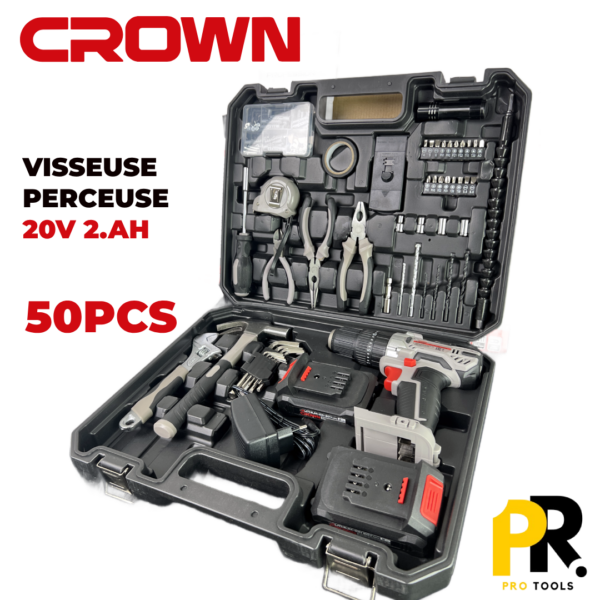 KIT VISSEUSE PERCEUSE 20V 2.0AH 50PCS CROWN | CT21102H-2-50 علبة أدوات