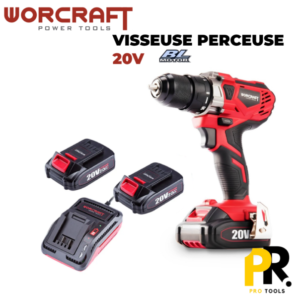 CAISSE A OUTILS 74PCS AVEC VISSEUSE PERCEUSE 20V BRUSHLESS WORCRAFT علبة أدوات مع مفك براغي