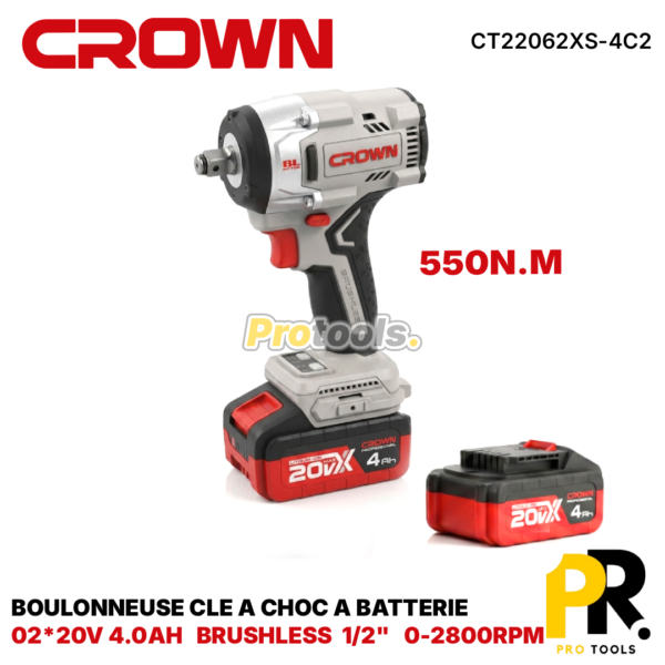 BOULONNEUSECLEACHOCABATTERIE20V4.0AH550N.MCROWN_CT22062XS-4C21PROTOOLS.png BOULONNEUSE CLE A CHOC A BATTERIE 20V 4.0AH 550N.M BRUSHLESS CROWN | CT22062XS-4C2 مفتاح صدمات لاسلكي