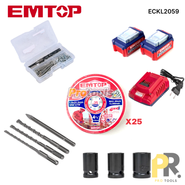 KIT 5PCS IN 1 A BATTERIE 20V 4.0AH BRUSHLESS EMTOP | ECKL2059 طقم أدوات اللاسلكي