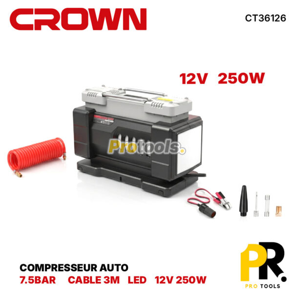 COMPRESSEUR AUTO 12V 250W  7.5BAR CROWN [CT36126] جهاز نفخ هواء