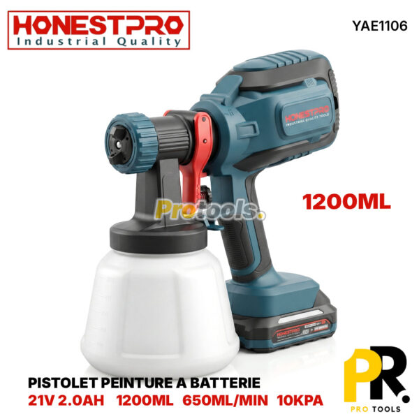 PISTOLET PEINTURE A BATTERIE 21V 2.0AH 1200ML 650ML/MIN HONESTPRO [YAE1106] مسدس رش الطلاء اللاسلكي