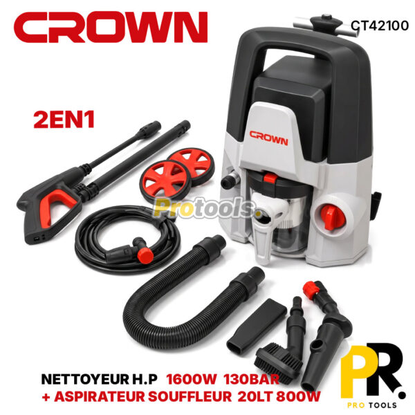 NETTOYEUR HAUTE PRESSION 2EN1 1600W 130BAR 5.5L/MIN ET ASPIRATEUR 800W 2LT CROWN [CT42100]  منظف ضغط عالي + مكنسة كهربائية